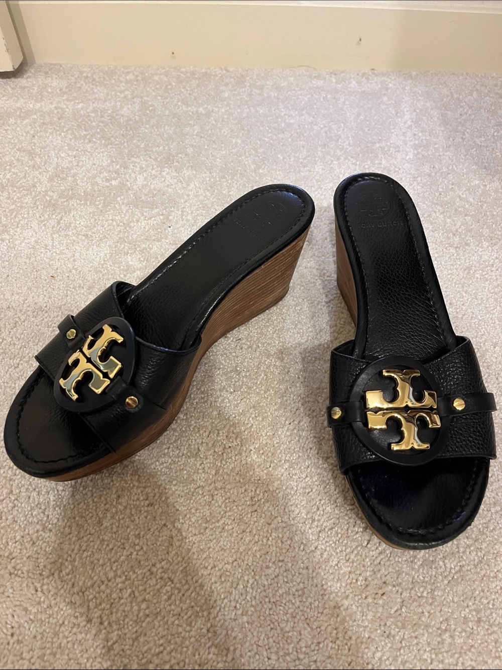Tory Burch Black Leather Slide Mules with Gold Logo